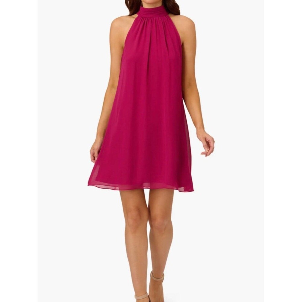 Adrianna Papell Halter Neck Chiffon Dress Magenta Pink Size 14 Tie Back.